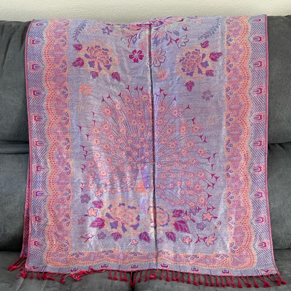 Cashmere 100% Pashmina Peacock Paisley 68" Pink Purple Scarf Shawl Wrap - Picture 2 of 8